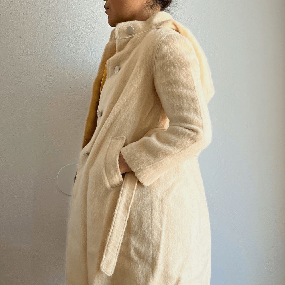 vtg 60s beige wool coat XXS girls 14/16 swing car coat hood made in Italy belted - Picture 3 of 12
